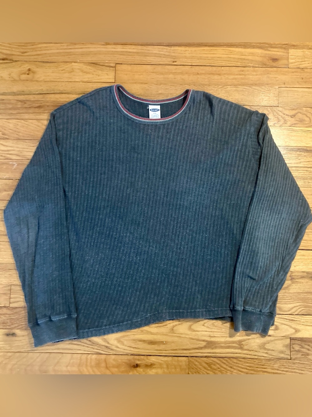 Old Navy Gray Ribbed Crewneck Sweater with Red Trim